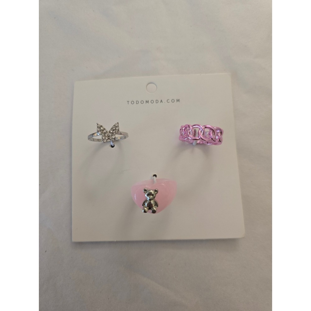 Todomoda 3pc Ring Set Pink Butterfly Teddy Bear Heart Chain Y2K Coquette New